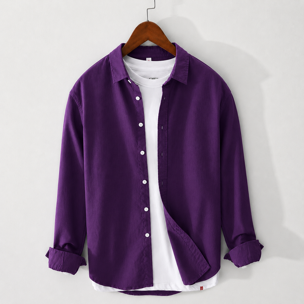 Men;s Long Sleeves Purple Shirt With Under White T-Shirt