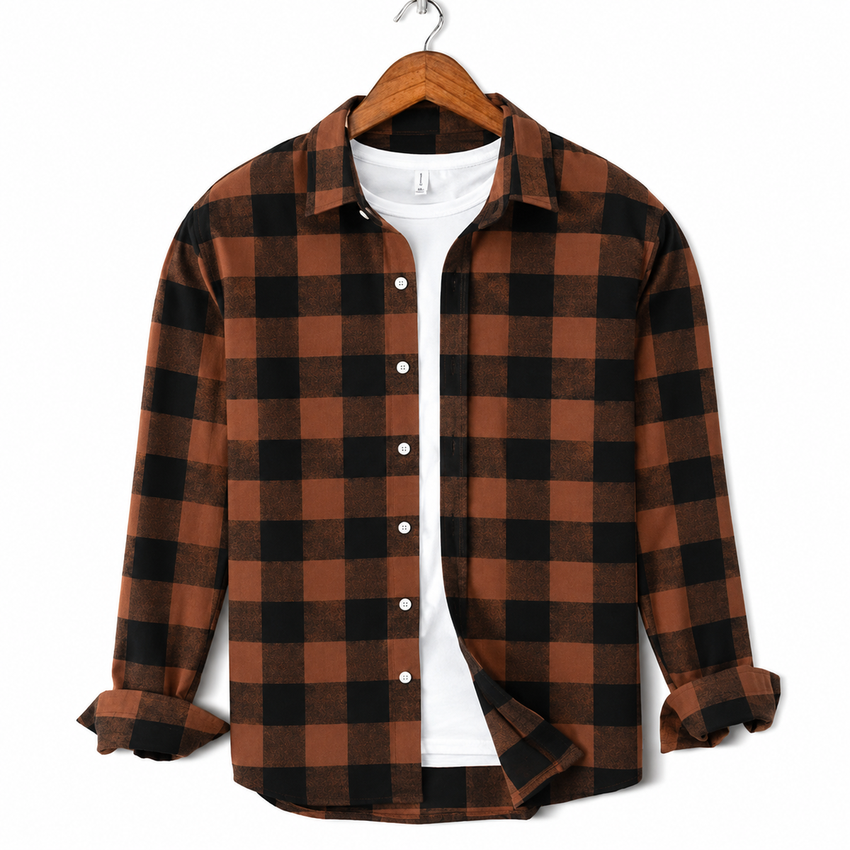 Premium Brown & Black Checkered Full Sleeve Shirt With Under White T-Shirt