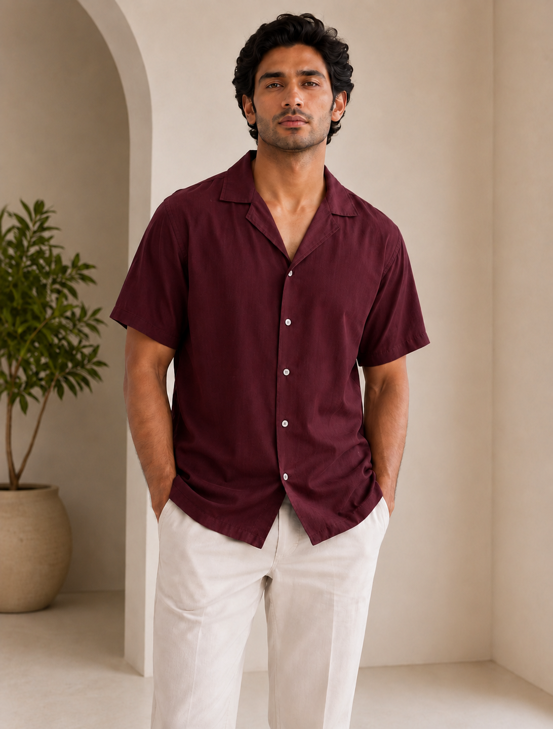 Premium Mehroon Half Sleeve Casual Shirt for Men | Stylish Camp Collar Button Down Shirt