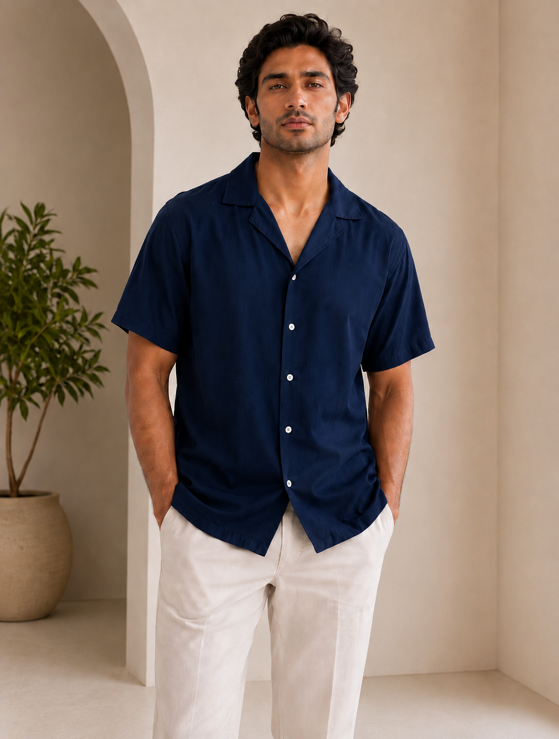 Premium Navy Blue Half Sleeve Casual Shirt for Men | Stylish Camp Collar Button Down Shirt