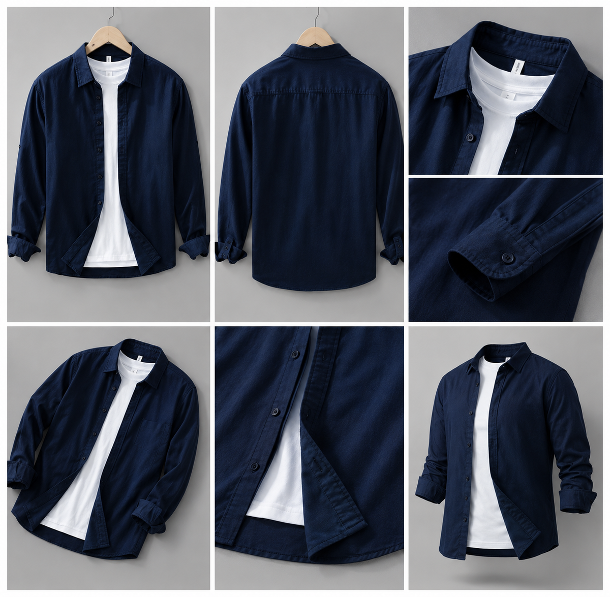 Men;s Long Sleeves Navy Blue Shirt With Under White T-Shirt