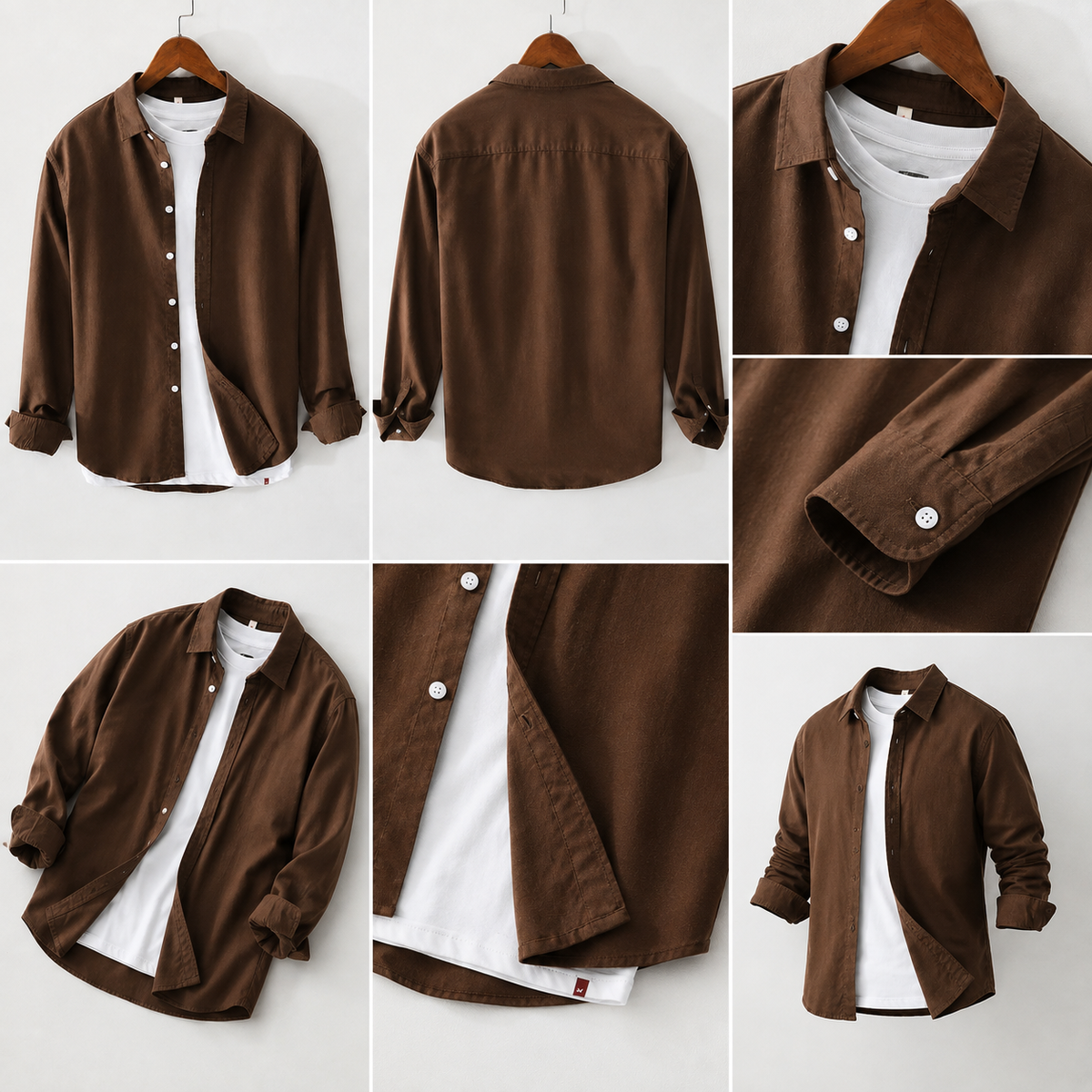 Men;s Long Sleeves Dark Brown Shirt With Under White T-Shirt