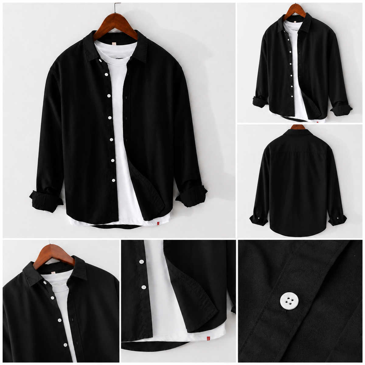 Men;s Long Sleeves Black Shirt With Under White T-Shirt